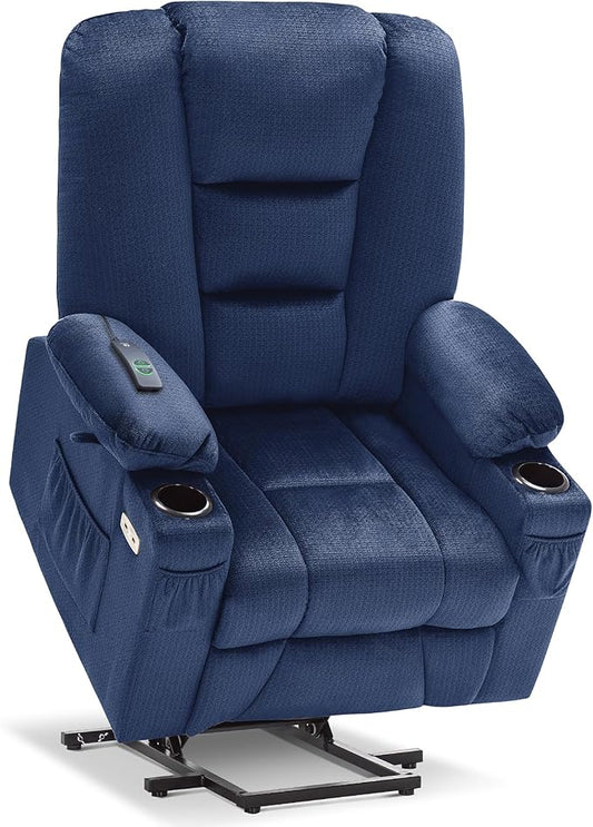 MCombo Large Power Lift Recliner Chair Sofa with Massage and Heat for Big and Tall Elderly People, 3 Positions, Cup Holders, and USB Ports, Fabric 7549 (Large, Navy Blue)