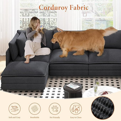 Vesgantti 143" L Shaped Modular Sectional Sofa, Comfy Corduroy Upholstered Modular Sectional Couches for Living Room, Modern Cloud Couch with Ottoman Deep Seat, Dark Grey