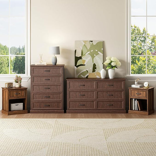 CARPETNAL Farmhouse Dresser and Nightstand Sets for Bedroom, 4 Pcs Bedroom Set, 5 Drawer & 6 Drawer Dresser and Nightstand Set of 2, Wood Chest of Drawers for Living Room, Entryway, Brown