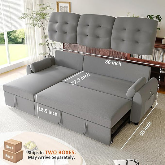 Ucloveria Sleeper Sofa Bed, 86" Convertible Sectional Sofa Couches for Living Room, Pull Out Couch Bed with Reversible Storage Chaise | USB Ports | Side Pockets | Removable Backrest
