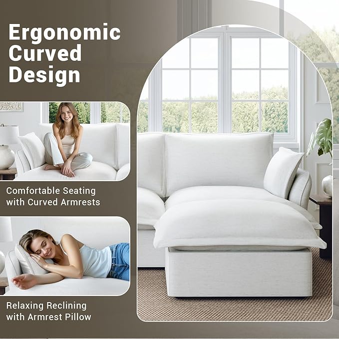 114” Oversized Modular Sectional Sofa, Comfy Down Fill Cloud Couch with Washable Cover, L Shaped 3 Seater Modular Couch with Ottoman, Convertible Sectional Couches for Living Room, Cream White