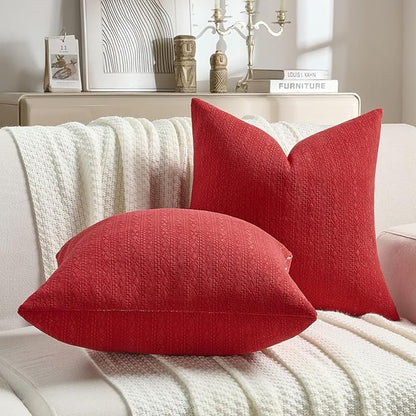 FUTEI Christmas Red Chenille Throw Pillow Covers 26x26 Inch Set of 2,Soft Striped & Diamond Textured Euro Pillow Shams,Modern Home Decor for Couch Living Room