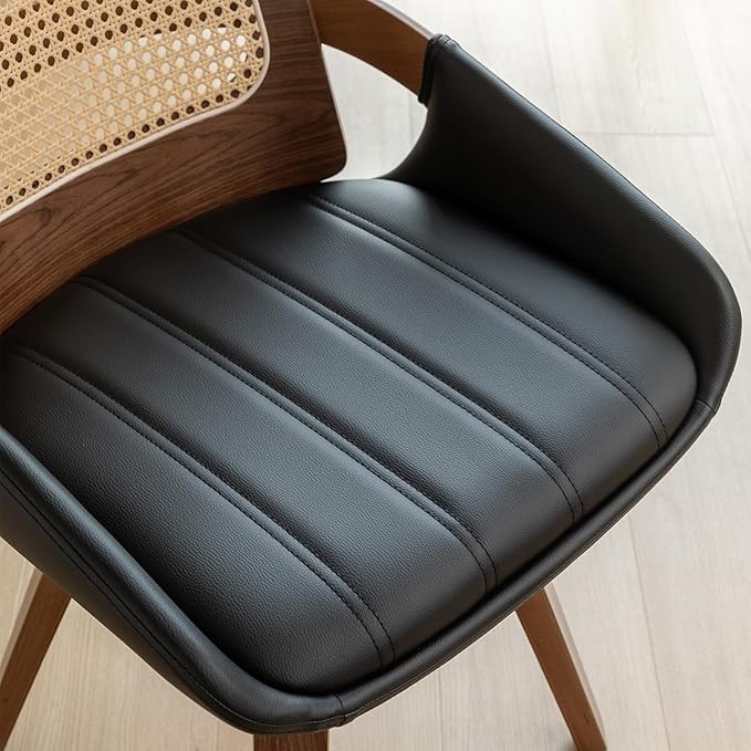 Set of 1 Swivel Rattan Dining Chair - Mid Century Modern Dining Chair with Bentwood Frame, Ergonomic Cane Back, Curved Arms, Faux Leather Swivel Chair for Kitchen/Restaurant (Walnut Black, Set of 1)