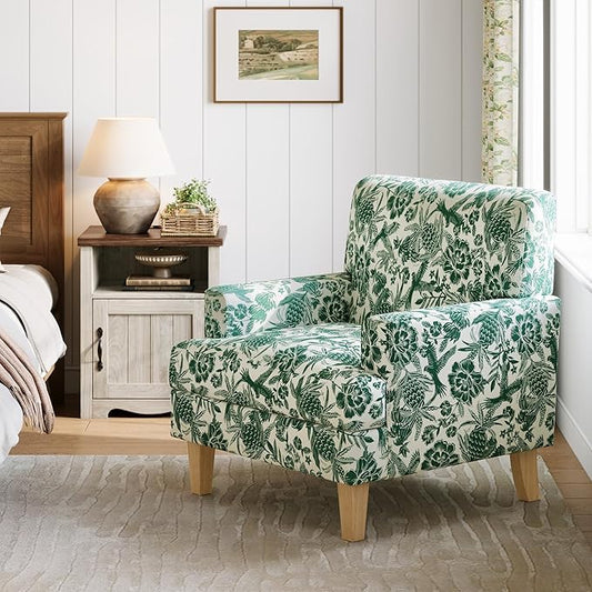 LINSY Floral Accent Chair, Large Armchair with Rubberwood Legs, Mid Century Upholstered Reading Chair, Comfy Oversized Single Sofa Chair for Living Room Bedroom Office Study, Floral Green