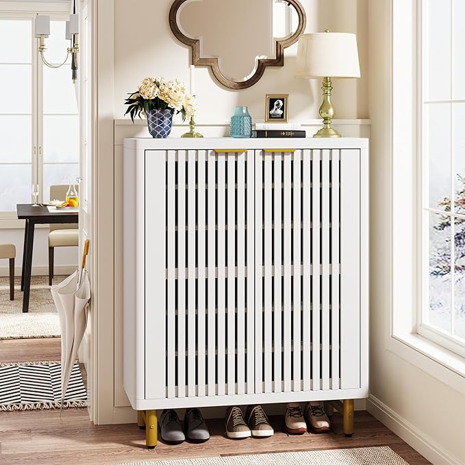 Tribesigns 6-Tier Shoe Cabinet with Shutter Doors, Large Wooden Shoe Organizer Rack with Adjustable Shelves, Modern Farmhouse Hidden Storage Furniture for Entryway, Hallway (White)