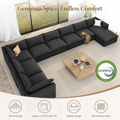 Vesgantti 204.7" Oversized Sectional Boneless Couch, Modern 9 Seater Modular Sofa with Chaise, Deep Seat Convertible Plush Corduroy Cloud Couches for Living Room, No Assembly Required, Dark Gray