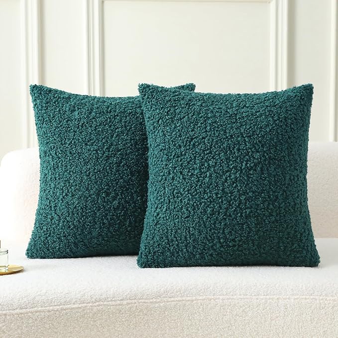 FUTEI Dark Green Throw Pillow Covers 16x16 Inch Set of 2,Furry Faux Fur Teddy Boucle Textured Cushion Covers,Soft Fluffy Decorative Pillow Case,Home Decor for Couch Bed Living Room Office Car