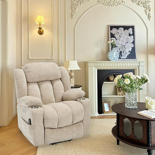 Power Lift Recliner Chair, 350lb Capacity with 8-Point Massage & Heating, USB/Type-C Ports & Cup Holders, Heavy Duty Chenille Recliner for Elderly, Beige