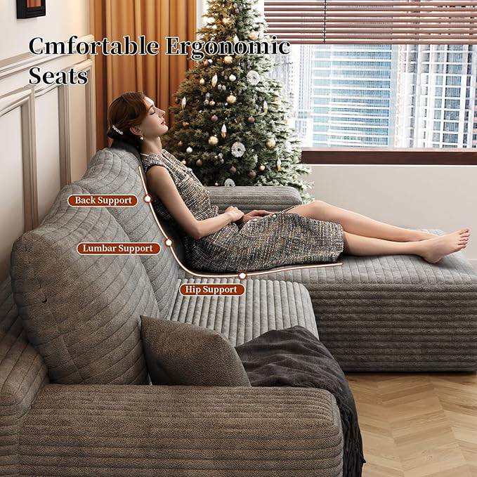 107.5" Boneless L-Shaped Modular Sectional Sofa Couches for Living Room, Corduroy Upholstered Couch with Deep Seat, Large 2-Seater Cloud Sectional Couch, No Assembly, (Grey, Left Facing Chaise)