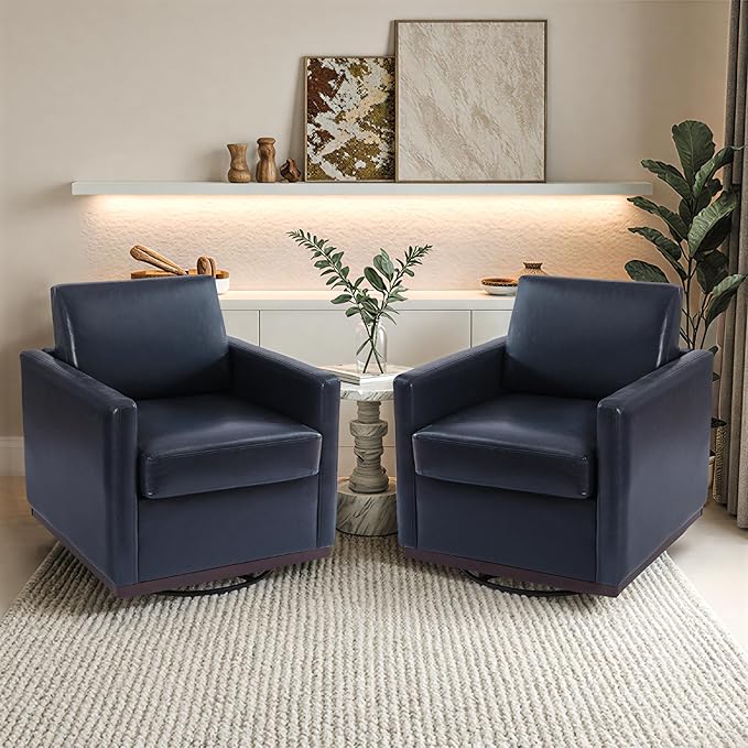 Pia Ricco Easy to Clean PU Swivel Barrel Chair Set of 2, Modern Faux Leather Accent Armchair, Mid-Century Style for Living Room & Office, Vegan Leather, Navy