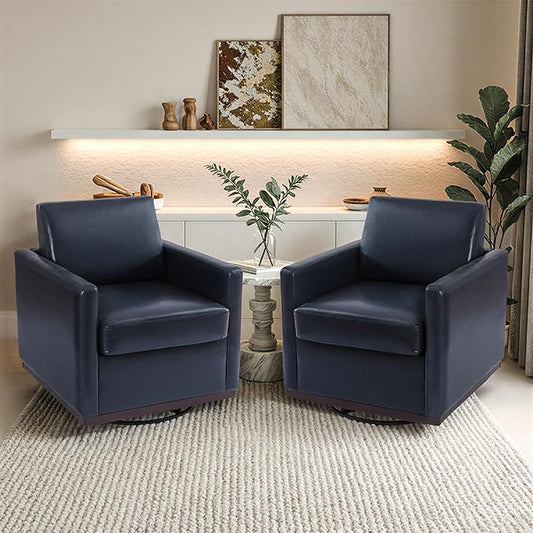 Pia Ricco Easy to Clean PU Swivel Barrel Chair Set of 2, Modern Faux Leather Accent Armchair, Mid-Century Style for Living Room & Office, Vegan Leather, Navy