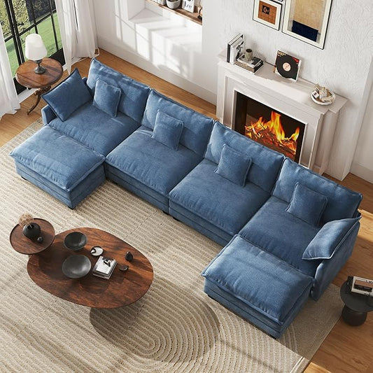 WorthFurni 146” Oversized Modular Sectional Sofa, U Shaped Cloud Couch Set, 4-Seater Comfy Chenille Couches with 2 Movable Ottomans, DIY Combination for Living Room (Blue)