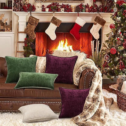 decorUhome Christmas Chenille Soft Throw Pillow Covers 26x26 Set of 2, Farmhouse Velvet Neutral Decorative Euro Pillow Covers with Stitched Edge for Couch Sofa Bed Home Decor, Rhododendron