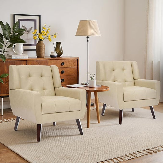 Faux Leather Accent Chairs Set of 2, Mid-Century Modern Upholstered Armchair, Comfy Living Room Chairs Reading Chairs with Button Tufted Back & Solid Wood Legs for Bedroom, Office, Cream