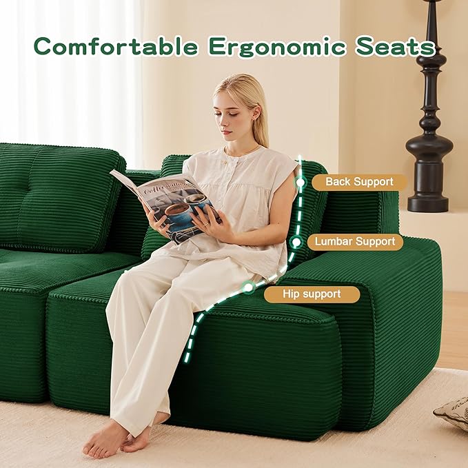 80.3” Green Boneless Couches for Living Room, Modular Sectional Sofa with L-Shape Chaise, 2 Seater Comfy Upholstered Loveseat Deep Seat Corduroy Fabric Cloud Couch No Assembly, Anti-Slip Design
