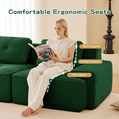 115.3” Green Boneless Couches for Living Room, Modular Sectional Sofa with U-Shape Chaise, 3 Seater Comfy Upholstered Deep Seat Corduroy Fabric Cloud Couch No Assembly, Anti-Slip Design