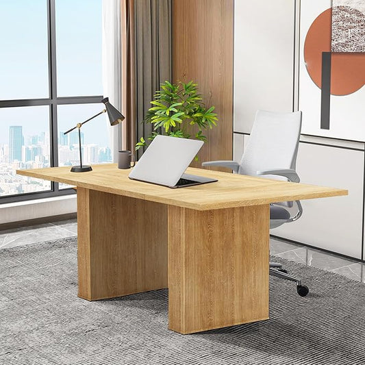 LEVNARY 78 Inch Long Executive Desk, Large Office Desk with Wood Strip Base, Modern Farmhouse Computer Desk Business Furniture for Home Office (Natural Oak)