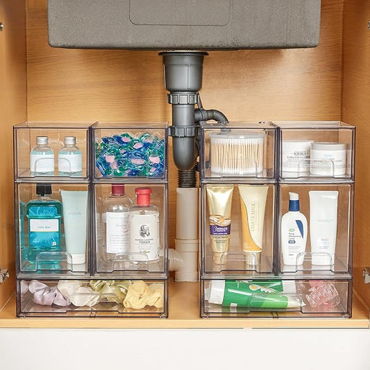 Vtopmart Clear Stackable Storage Drawers Set of 5, Plastic Organizer Bins for Makeup, Cosmetics, Beauty Supplies,Ideal for Vanity, Bathroom,Cabinet,Pantry Organization
