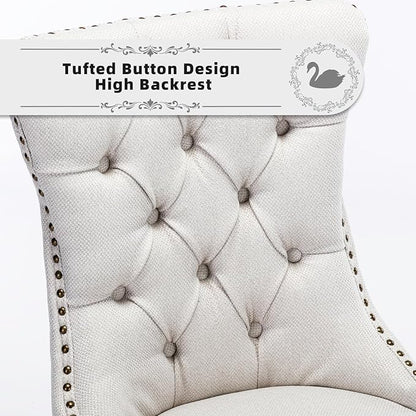 Linen Upholstered Dining Chairs Set of 6, Modern Style Kitchen Side Chairs with Nailhead Trim and Wood Leg, Metal Pulling Ring for Dining Room Living Room(Beige,Set of 6)