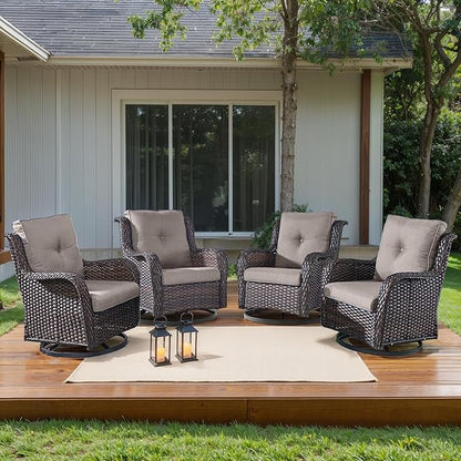 HUMMUH Outdoor Swivel Rocker Wicker Patio Chairs High Back PE Rattan Glider Chairs 4PCS Patio Furniture Set(Brown,Grey)