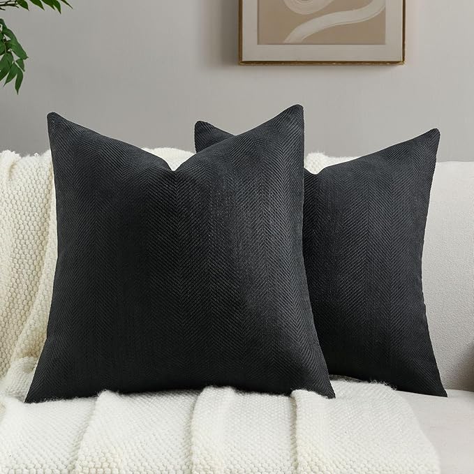 FUTEI Black Chenille Throw Pillow Covers 24x24 Inch Set of 2,Soft Wide Chevron Textured European Pillow Shams,Farmhouse Home Decor for Couch Bed Living Room