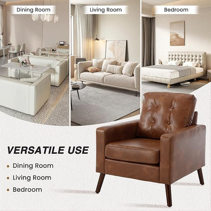 PU Accent Arm Chair with Tufted Back, Faux Leather Comfy Upholstered Single Sofa, Mid Century Modern Side Club Chair with Wood Legs for Reading/Living Room/Bedroom, Caramel