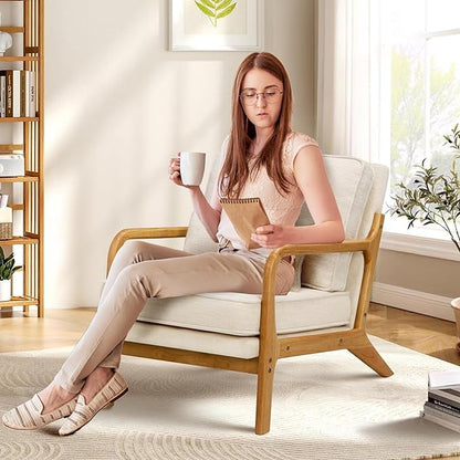 COLAMY Modern Accent Chair with with Solid Wood Frame, Mid Century Reading Leisure Armchair Lumbar Pillow& Soft Cushion, Relaxing Chair for Living Room,Bedroom,Waiting Room（Beige）