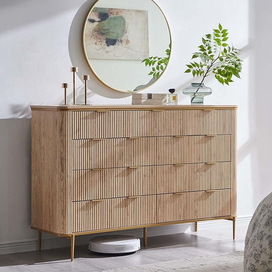 T4TREAM Fluted 9 Drawers Dresser, Modern Wooden Top Chest of Drawers with Curved Profile Design, Dresser TV Stand Drawer Organizers for Bedroom, Living Room, Hallway(Natural Oak)
