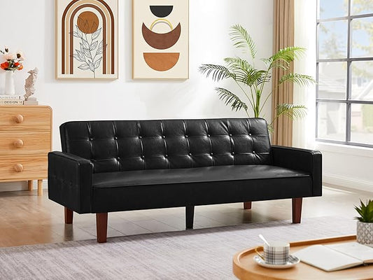 74" Loveseat Sofa with Vintage Button Tufting, Faux Leather Convertible Sleeper Futon Sofa Bed with Spring Cushion and Wood Legs for Apartments, Offices, Reception Areas, Living Rooms, Black