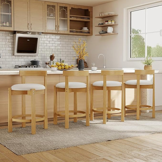 COSTWAY 24'' Counter Height Bar Stools Set of 4, Teddy Velvet Upholstered Bar Chairs with Backrests and Footrests, Wood High Barstools for Kitchen Island and Dining Room (Natural)