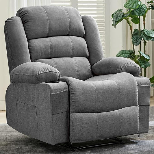Large Recliner Chair for Adults Overstuffed Fabric Manual Pull Tab Recliner with Cup Holders, Side Pocket, 3-Position Recline, Minimalist Style Single Sofa Chair for Living Room Bedroom, Gray