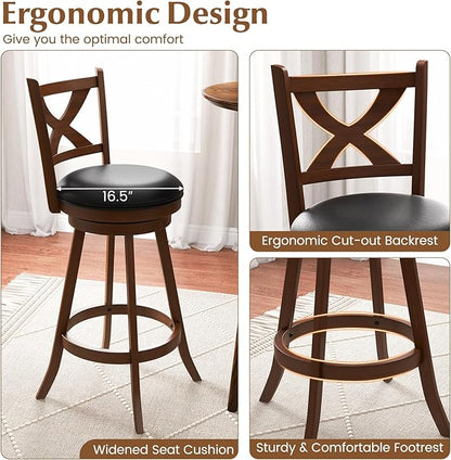 COSTWAY Bar Stools Set of 2, 30 Inch Classic Bar Height Chairs with X-Shaped Open Back, 2 PCS Swivel Barstool Set for Kitchen Island, Pub, Bistro, Café, Espresso (2, 30 Inch)