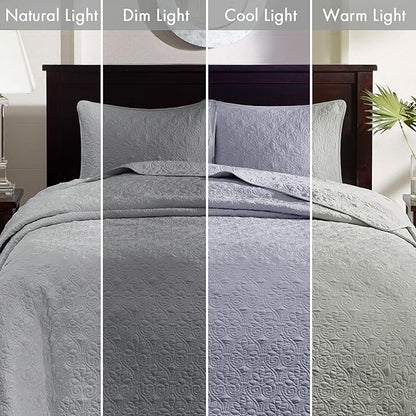 Madison Park Quebec Queen Size Quilt Bedding Set - Grey , Damask – 3 Piece Bedding Quilt Coverlets – Ultra Soft Microfiber Bed Quilts Quilted Coverlet