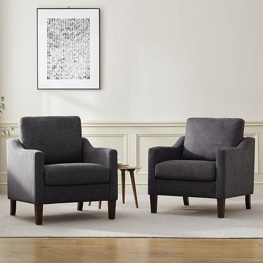 VKNOW Mid Century Modern Accent Chair, Upholstered Living Room Chairs Armchair for Bedroom, Comfy Reading Accent Chairs with Wood Legs for Living Room (2, Dark Grey)