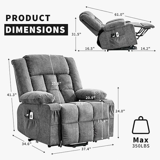 Large Power Lift Recliner Chair for Elderly Wide Electric Lift Chair with Massage and Heat for Big and Tall Adults Reclining Sofa Chair with Remote Control, Cup Holders, Side Pockets, USB Port, Gray