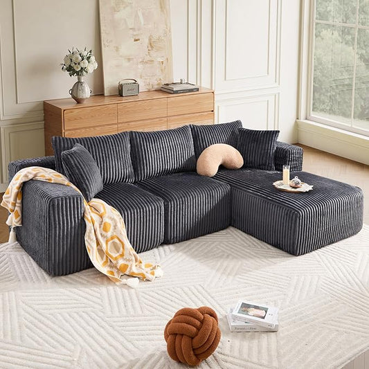 BV 102" Modern Modular Sectional Sofa,Cloud Couch Sectional with Chaise,Comfy Upholstered L-Shape Sofa for Living Room, Deep Seat Boneless Couch, No Assembly Required,Grey