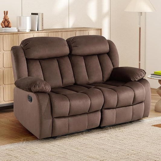 INZOY Manual Loveseat Recliner Sofa with Padded Armrest, Wall-Hugger 2 Seat Reclining Love Seat Couches with Overstuffed Back, Double Seater Reclining Chair for Living Room Theater Seating, Brown