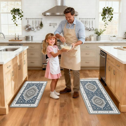 ArtyCozy 2 Piece Boho Kitchen Rug Set, Non-Slip Super Absorbent Kitchen Mats for Floor with Rubber Backing, Stain Resistant Runner for Hallway Laundry Holiday Decor, Blue, 20" × 32'' Plus 20'' × 47''