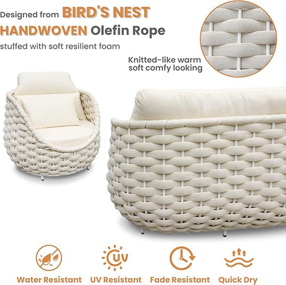 Woven Rope Outdoor Sofa Set: 5 Pieces Aluminum Patio Conversation Set Assembled - All Weather Cushioned Porch Furniture Couch - Modern Metal Lounge Set for Deck Yard Resort Hotel Sunroom, Beige