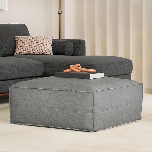 SIMPLIHOME Brody 30-inch Wide Large Square Coffee Table Pouf in Distressed Grey, Vegan Faux Leather Ottoman, Footrest, or Extra Seating for Living Room, Assembled