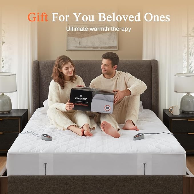Beautyrest Cotton Heated Mattress Pad - Bed Warmer with 20 Heat Settings Controller, Auto Shut Off Timer, All Around Elastic Deep Pocket, UL Certified, Machine Washable, White Twin