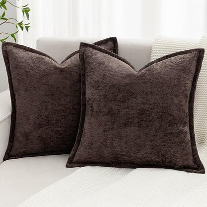 Brown Decorative Throw Pillow Covers 24x24 Inch Set of 2 Cozy Soild Chenille Cushion Cases Soft Textured Square Couch Pillows Cover Boho Accent Farmhouse Pillowcases for Sofa Bed