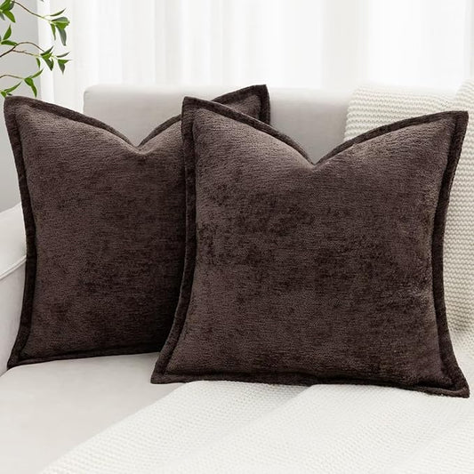 Brown Decorative Throw Pillow Covers 24x24 Inch Set of 2 Cozy Soild Chenille Cushion Cases Soft Textured Square Couch Pillows Cover Boho Accent Farmhouse Pillowcases for Sofa Bed