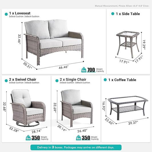 7 PCS Patio Outdoor Furniture Set with Swivel Rocking Chairs,All Weather Wicker Rattan Patio Seating Sofa and Chairs Set,Outdoor Conversaiton Sets for Deck Yard Prrch Garden Poolside,Grey
