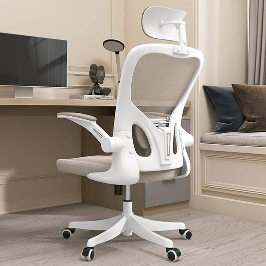Monhey Office Chair Ergonomic Desk Chair with Lumbar Support&Headrest&Flip-up Arms Height Adjustable Rocking Swivel High Back Computer Chair Warm Taupe Mesh Study Chair (02White+Khaki)