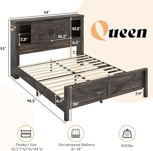 AMERLIFE Farmhouse Queen Bed Frame, Rustic Wood Platform Beds w/Barn Door Storage Bookcase Headboard & Charging Station, Bedroom Furniture, No Box Spring Needed, Dark Oak