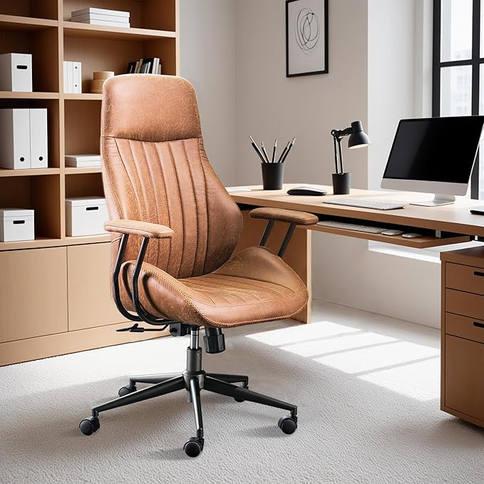 ovios Home Office Ergonomic Chair, Mid-Century Modern Luxury Faux Suede Leather Chairs, Comfy High Back Computer Swivel Rolling Task Armchair for Executive, Brown