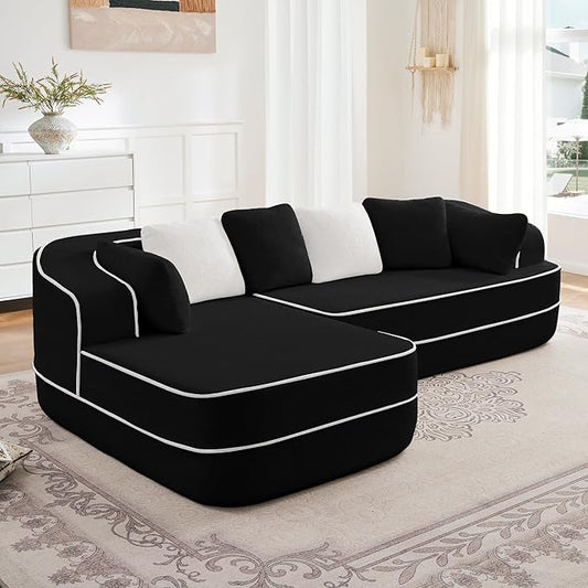 Cloud Sectional Sofa Modern Boneless Couch for Living Room, Comfy Deep Seat Comfy Teddy Fabric Double Sofa Chaise No Assembly Required (Black, 106" L Shape with Left Facing)
