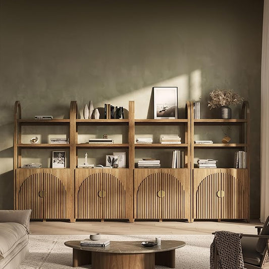BELLEZE Book Shelf 72" Tall Arched Bookcase with Storage, 5 Tier Mid Century Modern Fluted Bookshelf with Doors, Modular Bookshelves for Living Room Office Library, Set of 4 (Caramel Brown)
