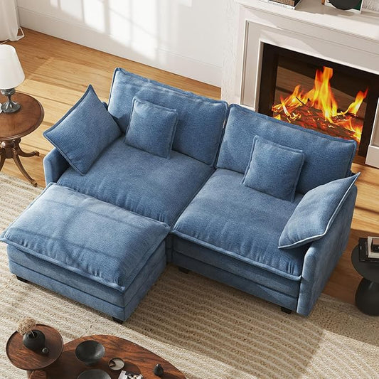 WorthFurni 77 Inch L Shape Cloud Sofa, Modular Sectional Couch with Ottoman, Comfy Chenille Deep Seat Loveseat with Pillow for Living Room Bedroom Apartment (Blue)